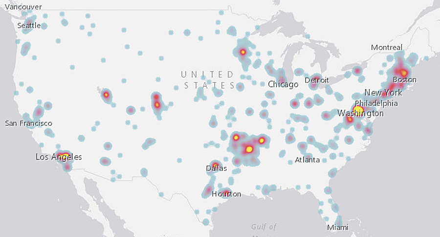 This heat map shows the increase in the number of schools getting GIS through the ConnectED Initiative. Blue represents areas with the fewest number of schools using GIS through ConnectED; red indicates areas with increased usage; and yellow shows areas with the greatest number of schools using GIS. For resources and an ArcGIS Online request form for your school, visit connected.esri.com.