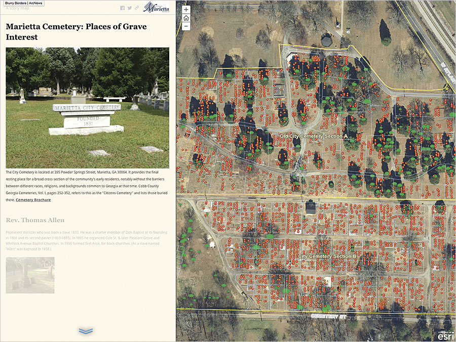 To tell the cemetery's stories to the public, the GIS team used Esri Story Map apps to merge its newly collected data with an existing stack of historical narratives and vintage photographs.