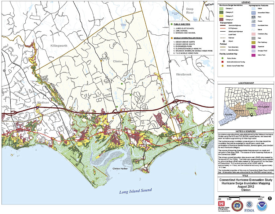 This storm surge map for part of the Connecticut coastline shows the extent of surge for worst-case hurricane landfall scenarios for category 1–4 storms. (Image courtesy of the US Army Corps of Engineers.)