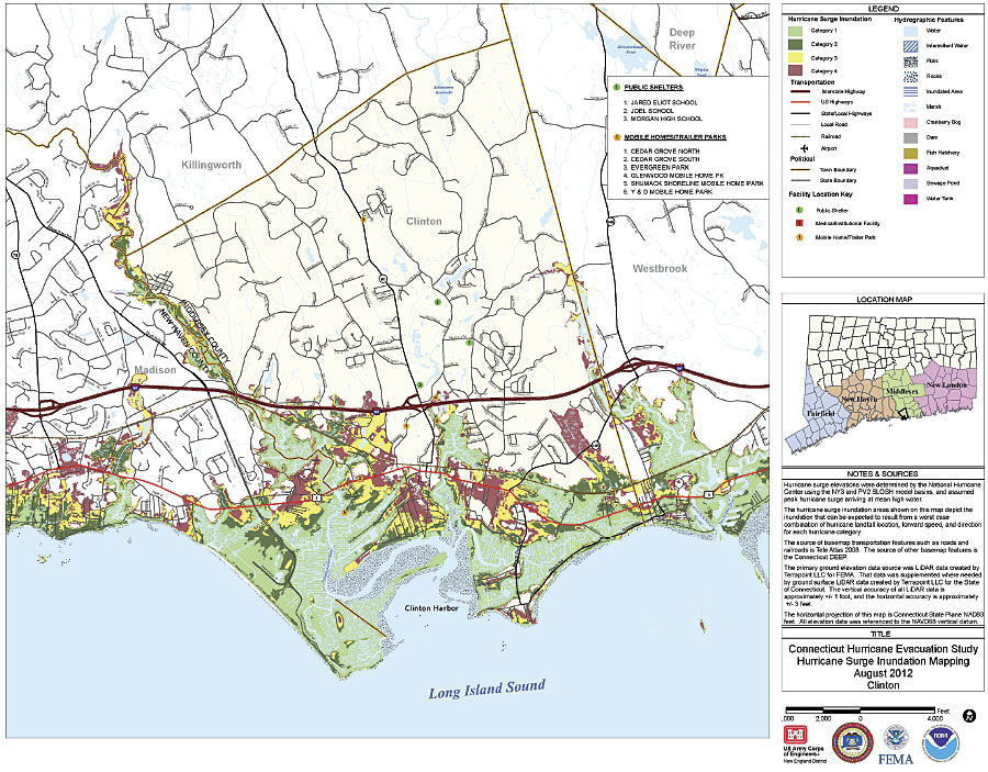 This storm surge map for part of the Connecticut coastline shows the extent of surge for worst-case hurricane landfall scenarios for category 1–4 storms. (Image courtesy of the US Army Corps of Engineers.) This storm surge map for part of the Connecticut coastline shows the extent of surge for worst-case hurricane landfall scenarios for category 1–4 storms. (Image courtesy of the US Army Corps of Engineers.)