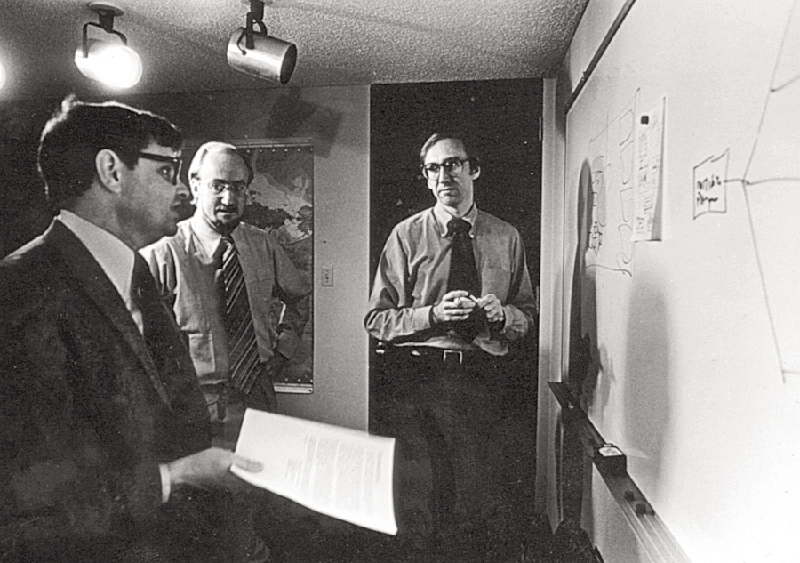 From left to right, Kent Smith, Bill Derrenbacher, and Jack Dangermond—three of Esri's trailblazers in the 1970s.