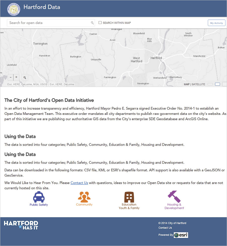 The City of Hartford has released more than 70 datasets on its ArcGIS Open Data site.