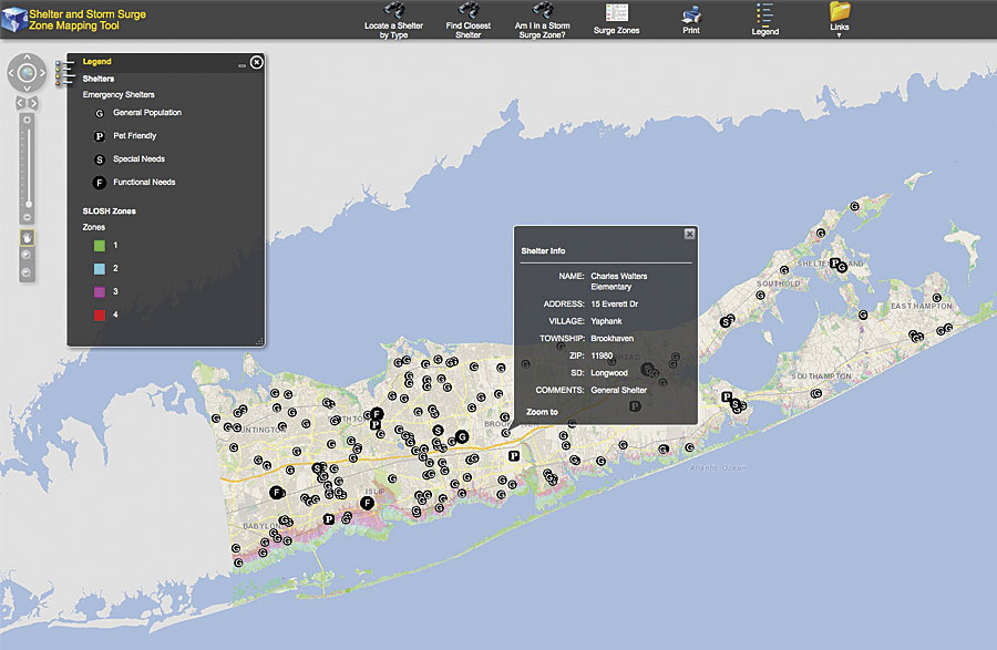 The Suffolk County Office of Emergency Management used the storm surge maps to create an interactive web map its residents can use to locate their homes and find nearby shelter locations. (Image courtesy of the US Army Corps of Engineers.) The Suffolk County Office of Emergency Management used the storm surge maps to create an interactive web map its residents can use to locate their homes and find nearby shelter locations. (Image courtesy of the US Army Corps of Engineers.)