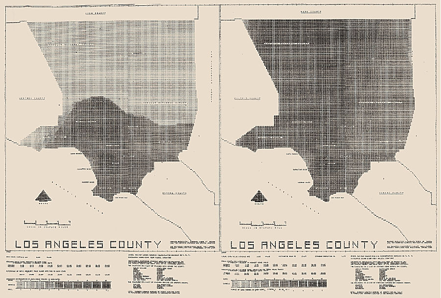 Two maps created by Jack Dangermond when he was a graduate student at Harvard. These maps were made using SYMAP, and they demonstrate the effects of barriers when used in modeling the distribution of air pollution.