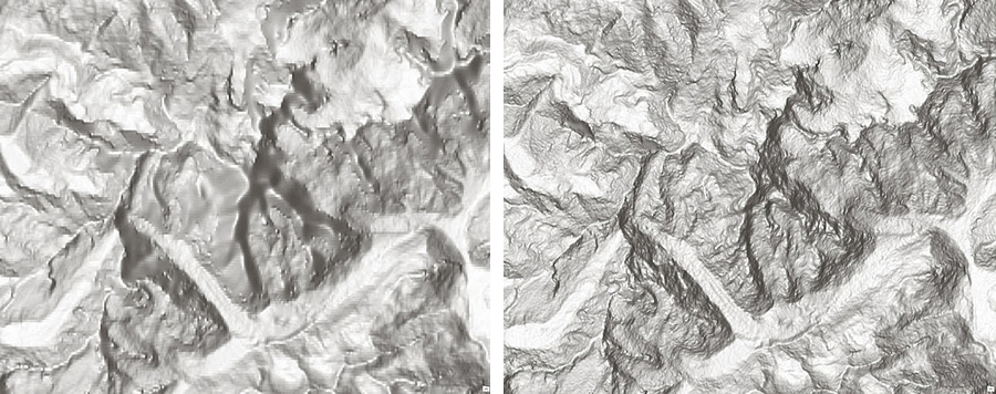 Compare the SRTM 90 m image on the left of Mont Blanc, the highest peak in the Alps, with the new SRTM 30 m image, on the right. This SRTM 30 m data has been added to Esri World Elevation services and is available at no cost with an ArcGIS Online organizational account.