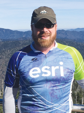 Blake Weber wearing his Esri t-shirt at the top of Clingmans Dome in Great Smoky Mountains National Park