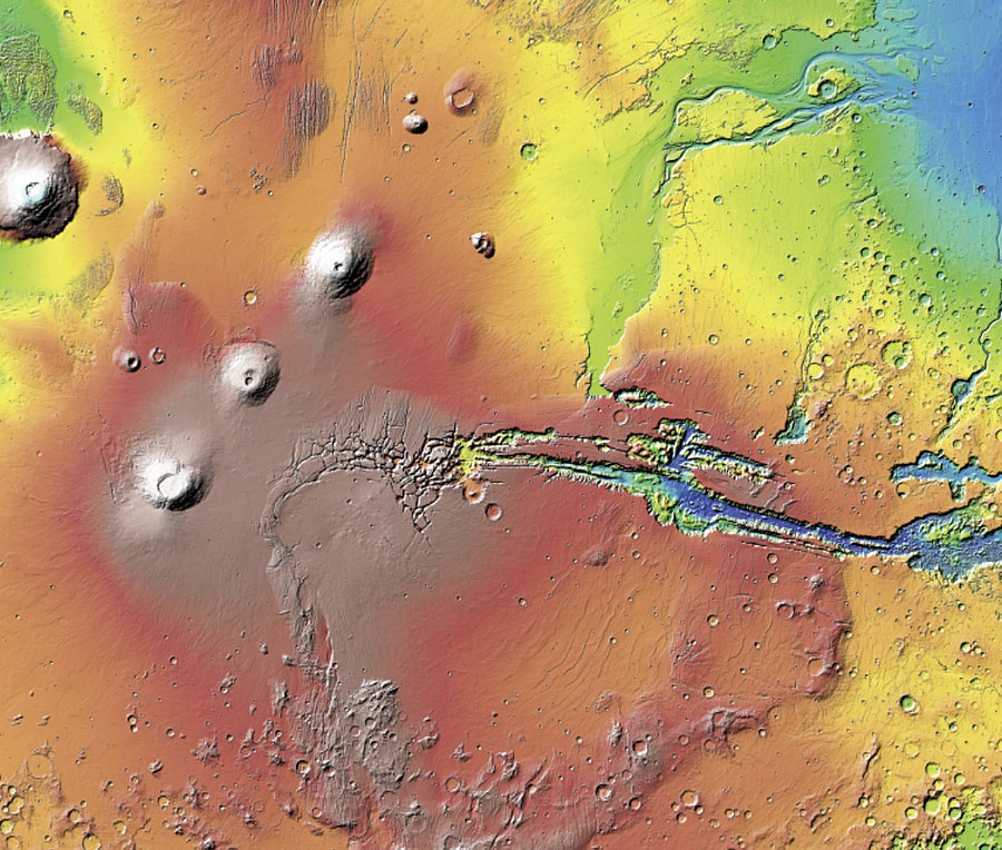 This map of the topography of Mars was generated by the Mars Orbiter Laser Altimeter instrument aboard NASA's Mars Global Surveyor spacecraft.