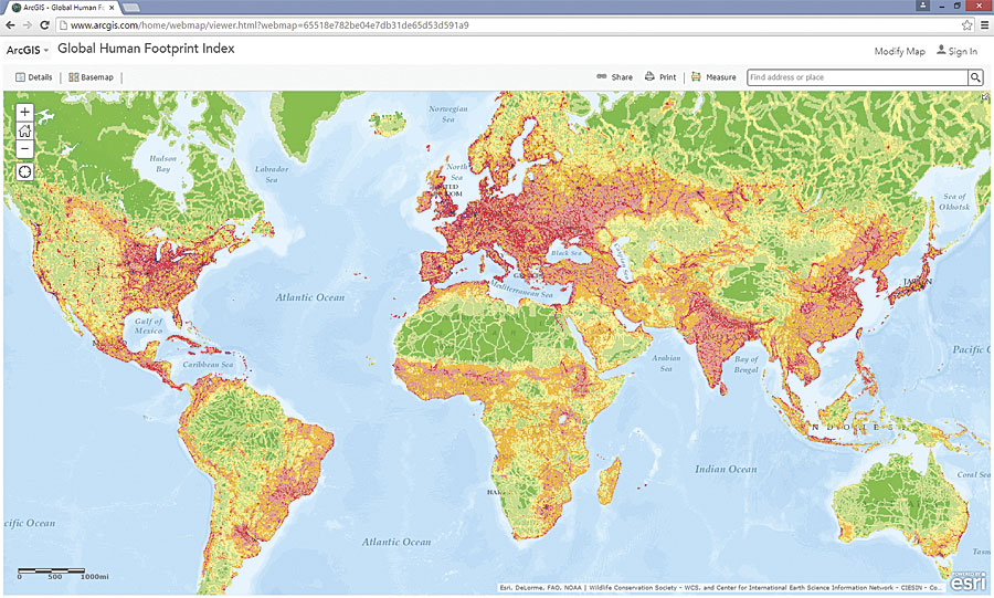 The Global Human Footprint Index from CIESIN is now available in ArcGIS Online and incorporates data on human population pressure, human land use and infrastructure, and human access to spaces such as roads and navigable rivers.