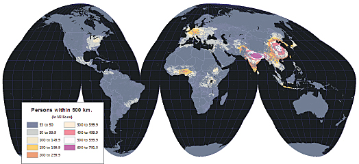 Running a World Population Estimate map analysis using a 500-kilometer radius, northeastern India has the largest population in the world, followed by eastern China.