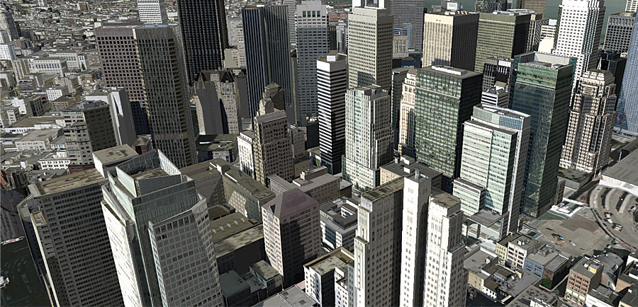 This 3D view of buildings in San Francisco, which is a web service, makes it easier to see details that might not be prominent on a 2D map.