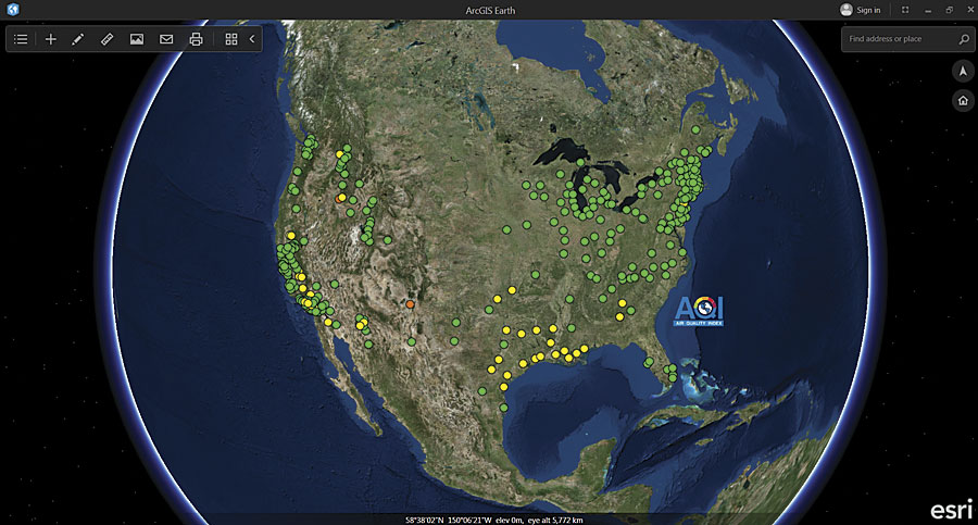 ArcGIS Earth allows users to instantly open familiar data formats, such as this KML file of air quality data, and view them in 3D on the globe.