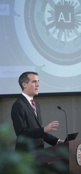 Los Angeles mayor Eric Garcetti launched GeoHub at the city's La Kretz Innovation Campus on January 29.