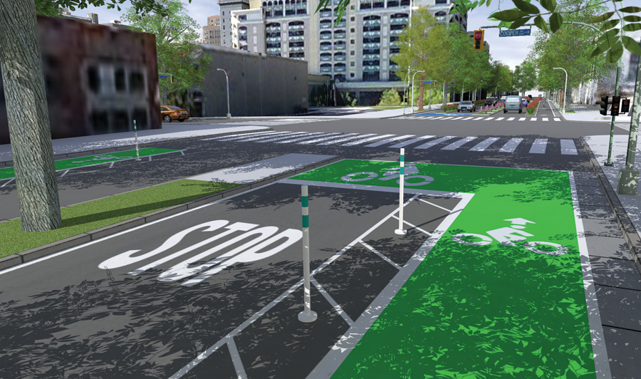 In one demo of CityEngine, the Complete Streets sample was used to quickly generate visualizations of bike lanes, curbs, and trees in 3D.