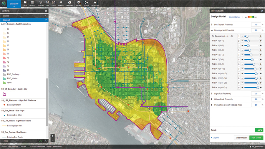 A demo of GeoPlanner for ArcGIS showed how a hypothetical Bus Rapid Transit (BRT) route could be created through downtown San Diego, California, leveraging a geodesign approach.