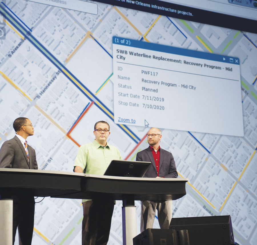 From left to right, Lamar Gardere, J. B. Raasch, and Gregory Hymel demonstrated how the City of New Orleans is using GIS to engage citizens in being more thoughtful about land use.