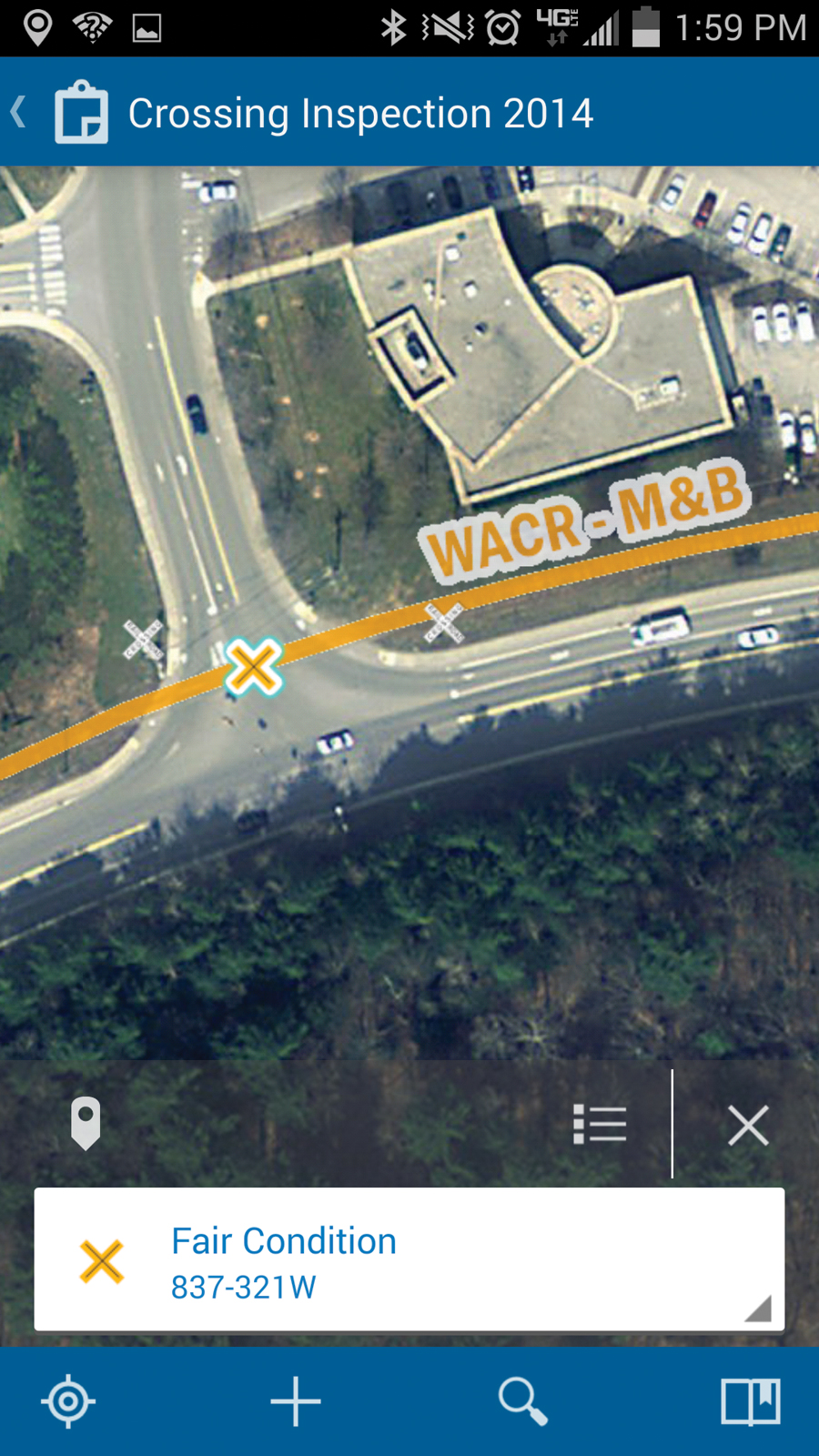 Tapping the mobile screen selects a crossing feature during field inspections. Tapping the mobile screen selects a crossing feature during field inspections.