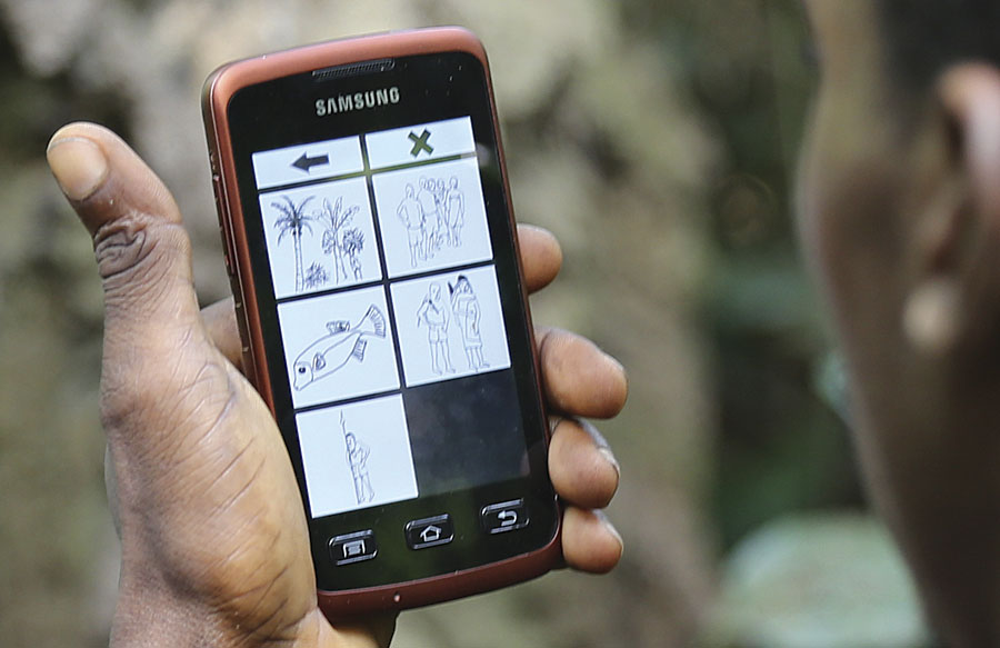 Using the intuitive app, the Mbendjele mapped their tribal lands and highlighted trees that were important to them. (Photo courtesy of Jerome Lewis.) Using the intuitive app, the Mbendjele mapped their tribal lands and highlighted trees that were important to them. (Photo courtesy of Jerome Lewis.)