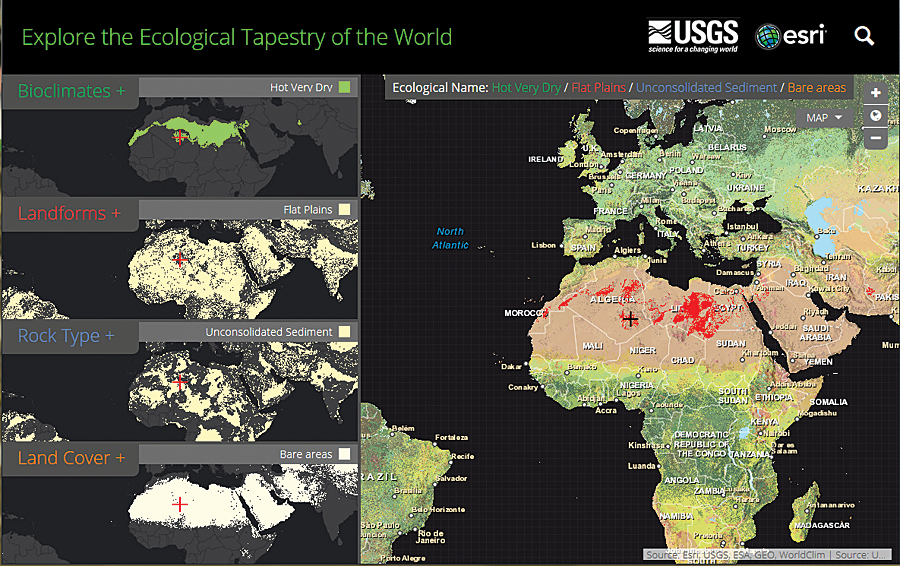 The Ecological Tapestry of the World online explorer application lets you look at the ecological data behind the Global ELU map.