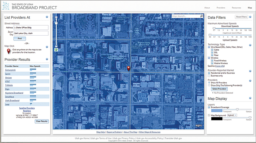 AGRC uses geographic information to improve service to Utah residents. This web app lets residents find out which broadband providers are available in their neighborhood.