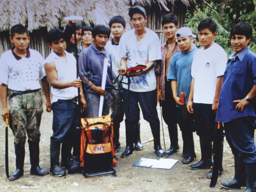 Local leaders such as this group have helped guide the measuring and mapping projects in indigenous territories. (Photo courtesy of AmazonGISnet.)