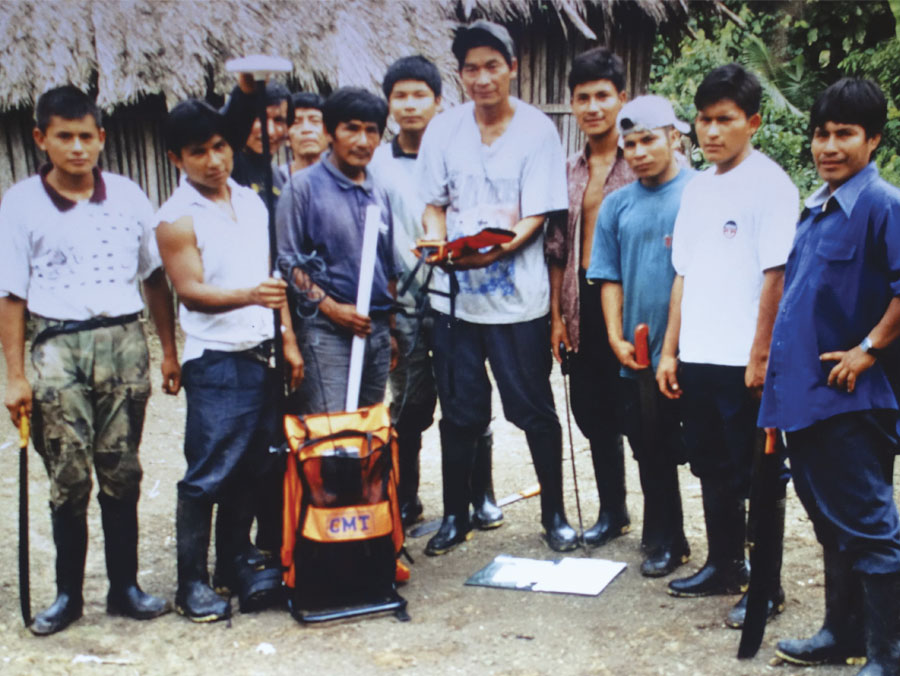 Local leaders such as this group have helped guide the measuring and mapping projects in indigenous territories. (Photo courtesy of AmazonGISnet.) Local leaders such as this group have helped guide the measuring and mapping projects in indigenous territories. (Photo courtesy of AmazonGISnet.)