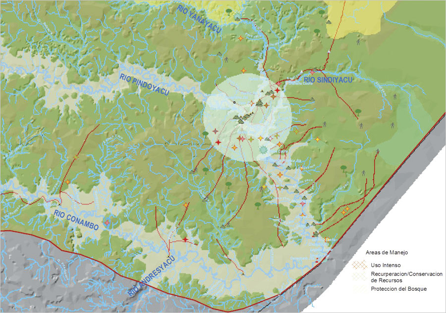 With this map of Kichwa territory, users can see the land management plans for different areas in the region. (Map courtesy of AmazonGISnet/IQBSS.) With this map of Kichwa territory, users can see the land management plans for different areas in the region. (Map courtesy of AmazonGISnet/IQBSS.)