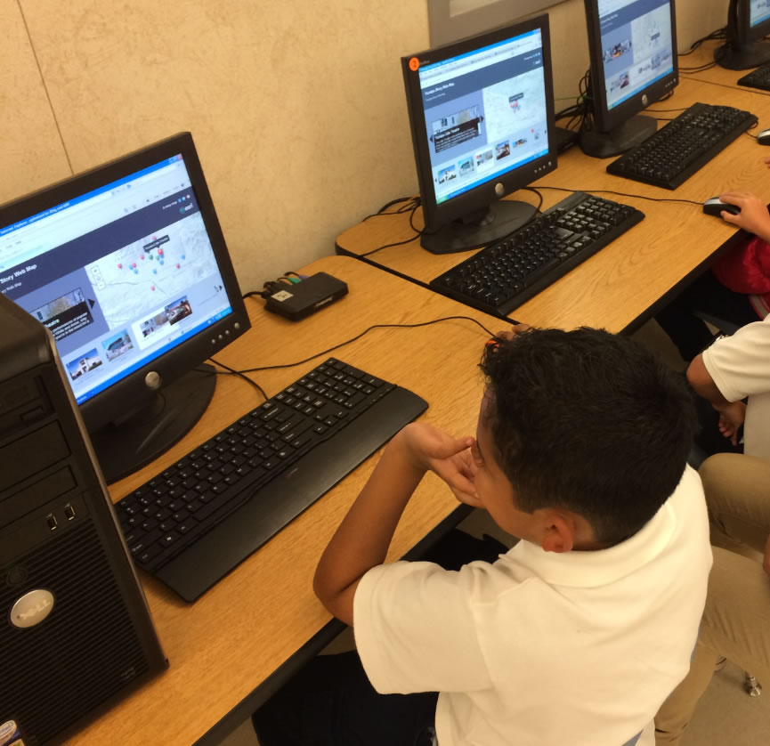 Students at Competitive Edge Charter Academy in Yucaipa, California, use their computers to view story maps. Students at Competitive Edge Charter Academy in Yucaipa, California, use their computers to view story maps.