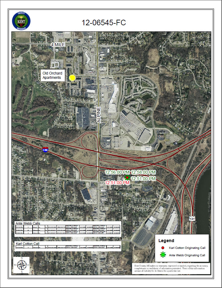 This map shows the cell phone activity of Cotton and another man, showing that they were near the scene of the crime—the Old Orchard Apartments—around the time Jamie Powell was killed. This map shows the cell phone activity of Cotton and another man, showing that they were near the scene of the crime—the Old Orchard Apartments—around the time Jamie Powell was killed.