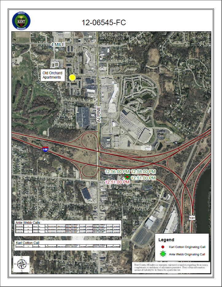 This map shows the cell phone activity of Cotton and another man, showing that they were near the scene of the crime—the Old Orchard Apartments—around the time Jamie Powell was killed.