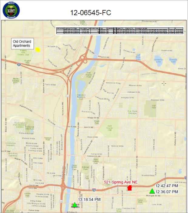 The green symbols on this map show the cell phone coordinates of one of Powell's acquaintances, eliminating him as a suspect because he was not in the vicinity of the murder when it occurred.