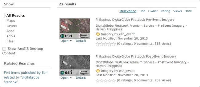 DigitalGlobe FirstLook pre- and postevent services are listed in ArcGIS Online.