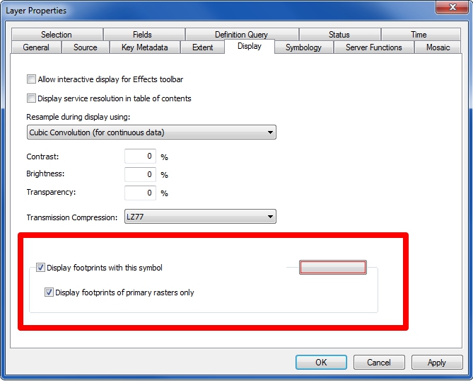 You can use image services to display the footprints and modify other display characteristics in ArcMap.