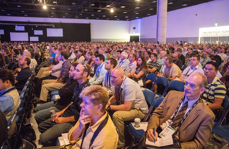 The crowd at Esri UC listens intently during the ArcGIS technology demonstrations. The crowd at Esri UC listens intently during the ArcGIS technology demonstrations.
