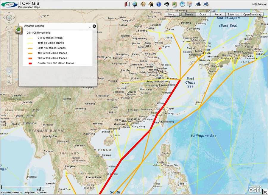 Figure 1. The schematic map of oil tanker traffic provides an uncluttered view of transport tonnage and routes. Maps are available to members on ITOPF's web GIS. Figure 1. The schematic map of oil tanker traffic provides an uncluttered view of transport tonnage and routes. Maps are available to members on ITOPF's web GIS.