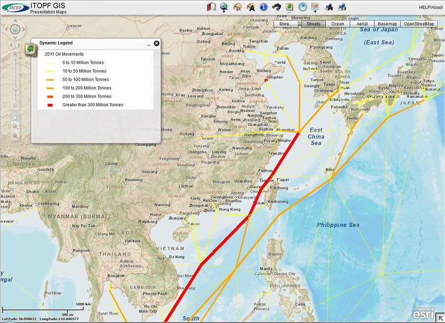 Figure 1. The schematic map of oil tanker traffic provides an uncluttered view of transport tonnage and routes. Maps are available to members on ITOPF's web GIS.