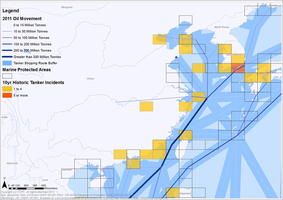 Figure 2. Atop a basemap, a researcher overlays data layers for tanker traffic, oil spill incident history, and shallow water.