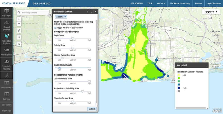By weighting social, economic, and ecological factors, the Restoration Explorer app dynamically updates a map to support oyster reef restoration suitability in Mobile Bay, Alabama.