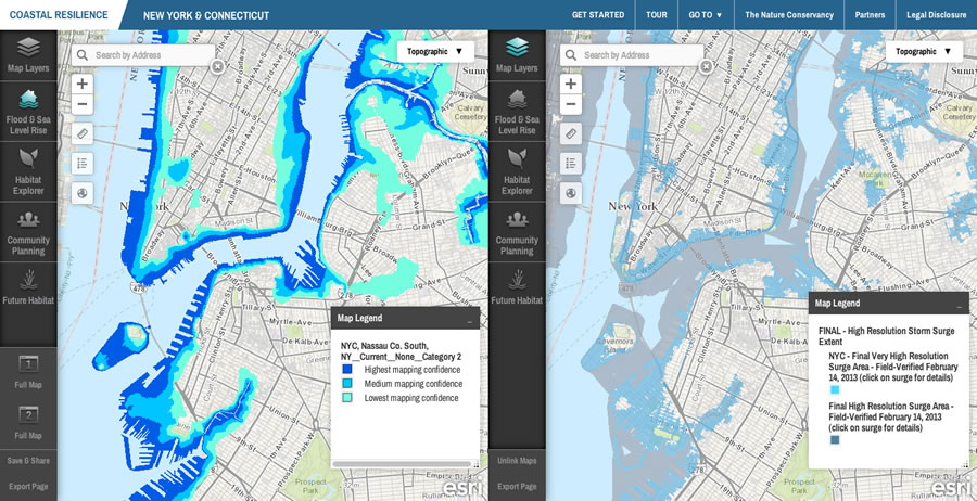 Comparing modeled storm surge (left) with the FEMA flood inundation layer from Hurricane Sandy, users can visualize which emergency and hazard mitigation models have a higher level of accuracy and confidence.