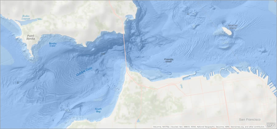 The World Ocean Basemap includes some incredible high resolution data, such as this dataset for San Francisco from California State University, Monterey Bay.