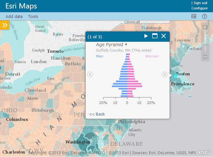 Location Analytics apps let you investigate demographics using thematic maps and infographics.