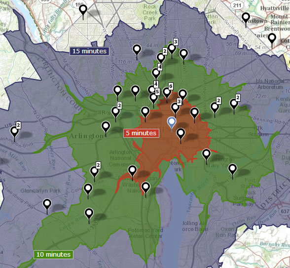 You can create areas that can be reached within a specified drive time or drive distance using Location Analytics apps.