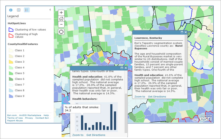 Bringing spatial and statistical data together on one map helps people understand the relationship between high school graduation rates and the health of a population.