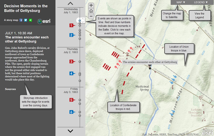 Modern historians used a story map to geographically and chronologically organize events that occurred during the Battle of Gettysburg. The story map helps to show which battlefield strategies worked and which ones failed. Modern historians used a story map to geographically and chronologically organize events that occurred during the Battle of Gettysburg. The story map helps to show which battlefield strategies worked and which ones failed.