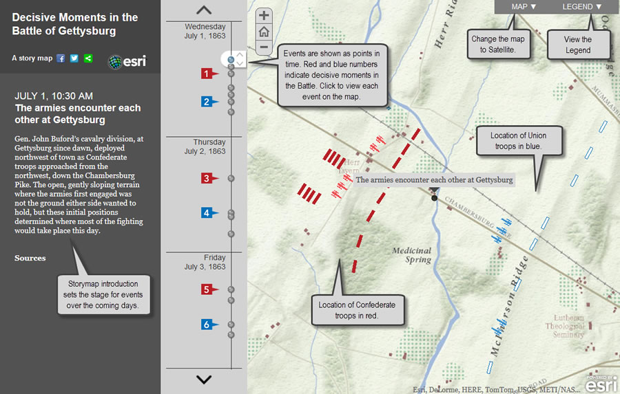 Modern historians used a story map to geographically and chronologically organize events that occurred during the Battle of Gettysburg. The story map helps to show which battlefield strategies worked and which ones failed.