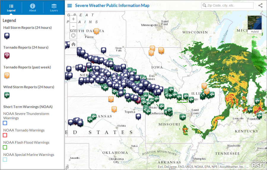 The Severe Weather Public Information Map uses the Public Information template to show current precipitation as well as the location of hailstorms, current and past tornadoes, and windstorm reports.