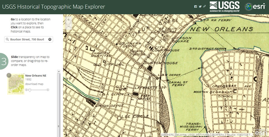 This 1932 map of New Orleans pinpoints some of the city's early landmarks, including Union Depot, the Maison Blanche department, and the St. Louis Cathedral.