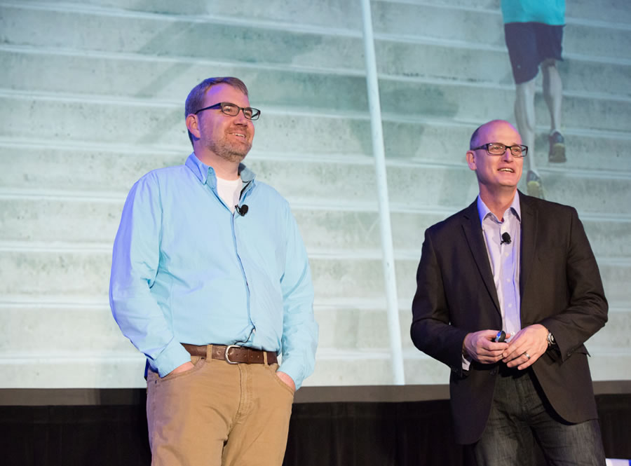 Booth Babcock from Lululemon (left) joins Esri's Simon Thompson to discuss how starting small with technology makes sense.