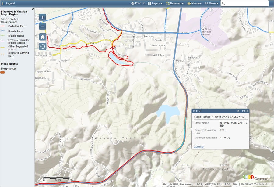 The map shows the location of steep grades. The map shows the location of steep grades.