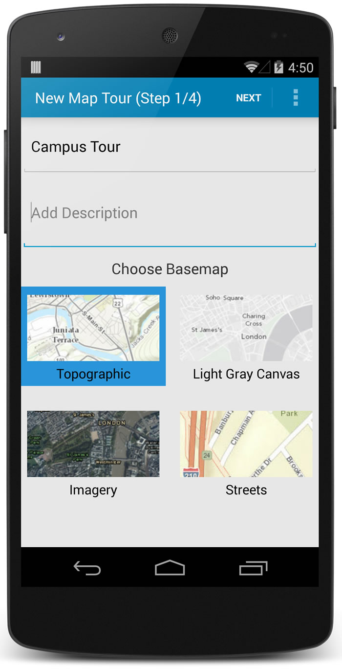 Just type in a description of your Map Tour and select a basemap. Just type in a description of your Map Tour and select a basemap.