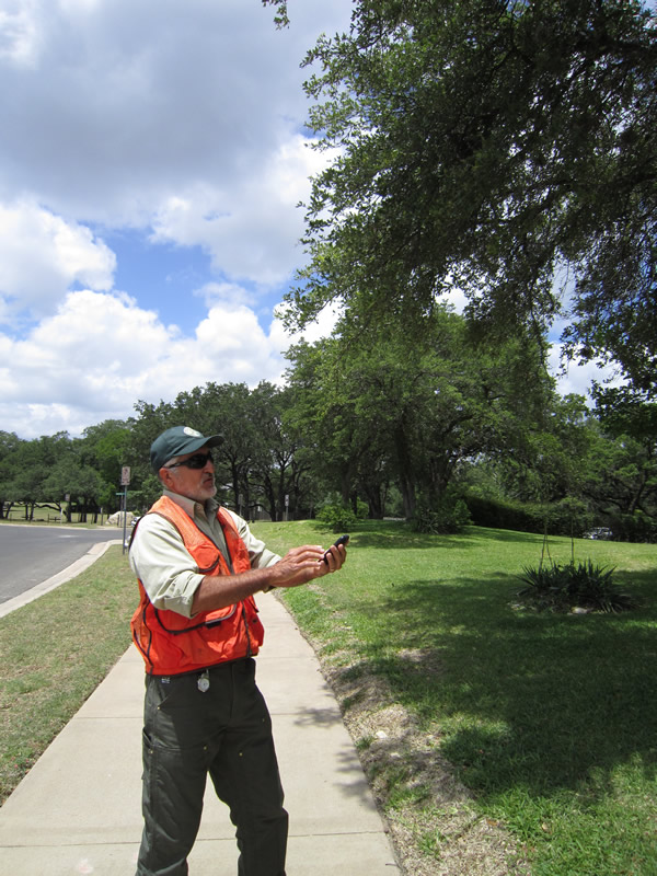 Urban regional forester Oscar Mestas uses a Texas A&M Forest Service app to capture city tree data in Austin, Texas. The information can be e-mailed to the office computer, and the tree can be added to the city's maintenance schedule.